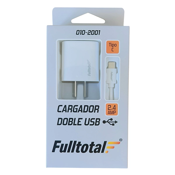 CARGADOR DOBLE USB 2.4 AMP 220V C/CABLE USB A TYPE C