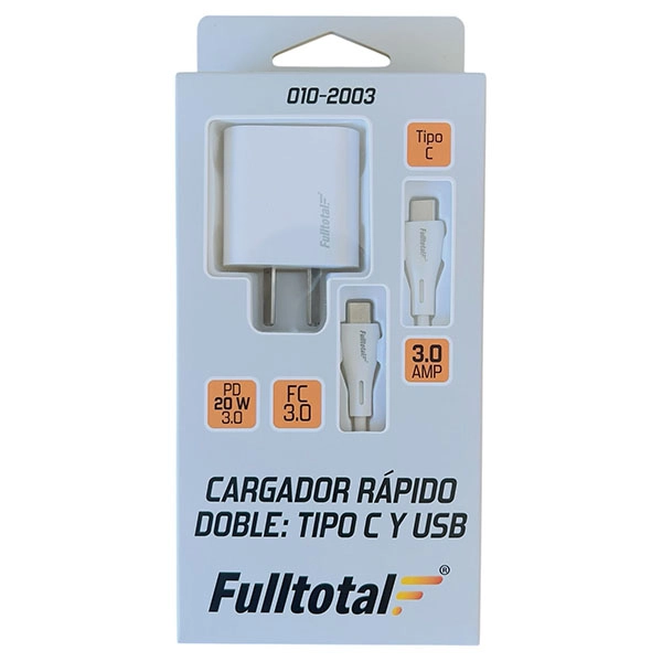 CARGADOR RAPIDO DOBLE TIPO C Y USB 3.0 AMP PD20W C/CABLE TIPO C A TIPO C