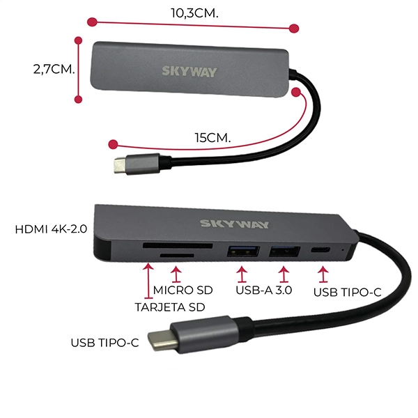 HUB 6 EN 1 TIPO C A HDMI 4K, 2 USB 3.O SD TF Y USB C