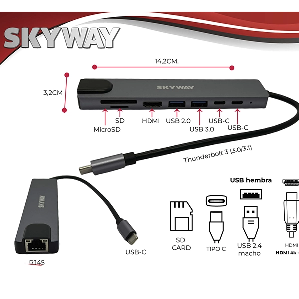 HUB 8 EN 1 TIPO C A 1 HDMI 4K, SD/TF, 2 USB 3.0 , RJ45 Y 2 USB C.