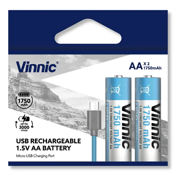 PACK X 2 PILAS VINNIC RECARGABLES AA 1750 MHA C/CABLE USB
