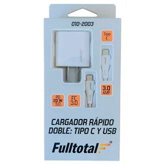 CARGADOR RAPIDO DOBLE TIPO C Y USB 3.0 AMP PD20W C/CABLE TIPO C A TIPO C