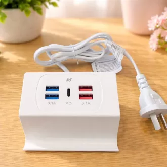 ZAPATILLA 220V DE 4 PUERTOS USB + 1 USB TIPO C CON SOPORTE