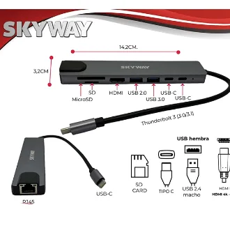 HUB 8 EN 1 TIPO C A 1 HDMI 4K, SD/TF, 2 USB 3.0 , RJ45 Y 2 USB C.